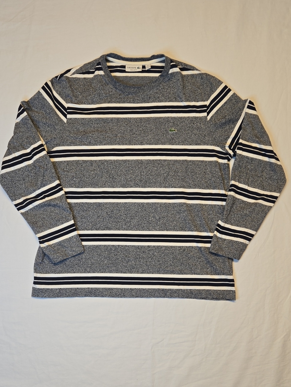Lacoste Gray Long Sleeve Crewneck Tee with Navy & White Stripes